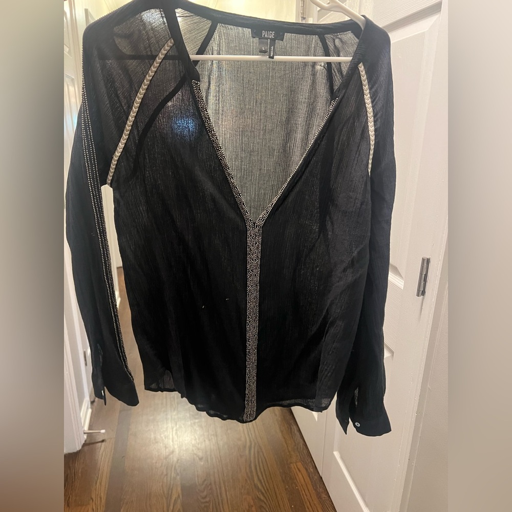 PAIGE Black Sheer Blouse with Silver Trim